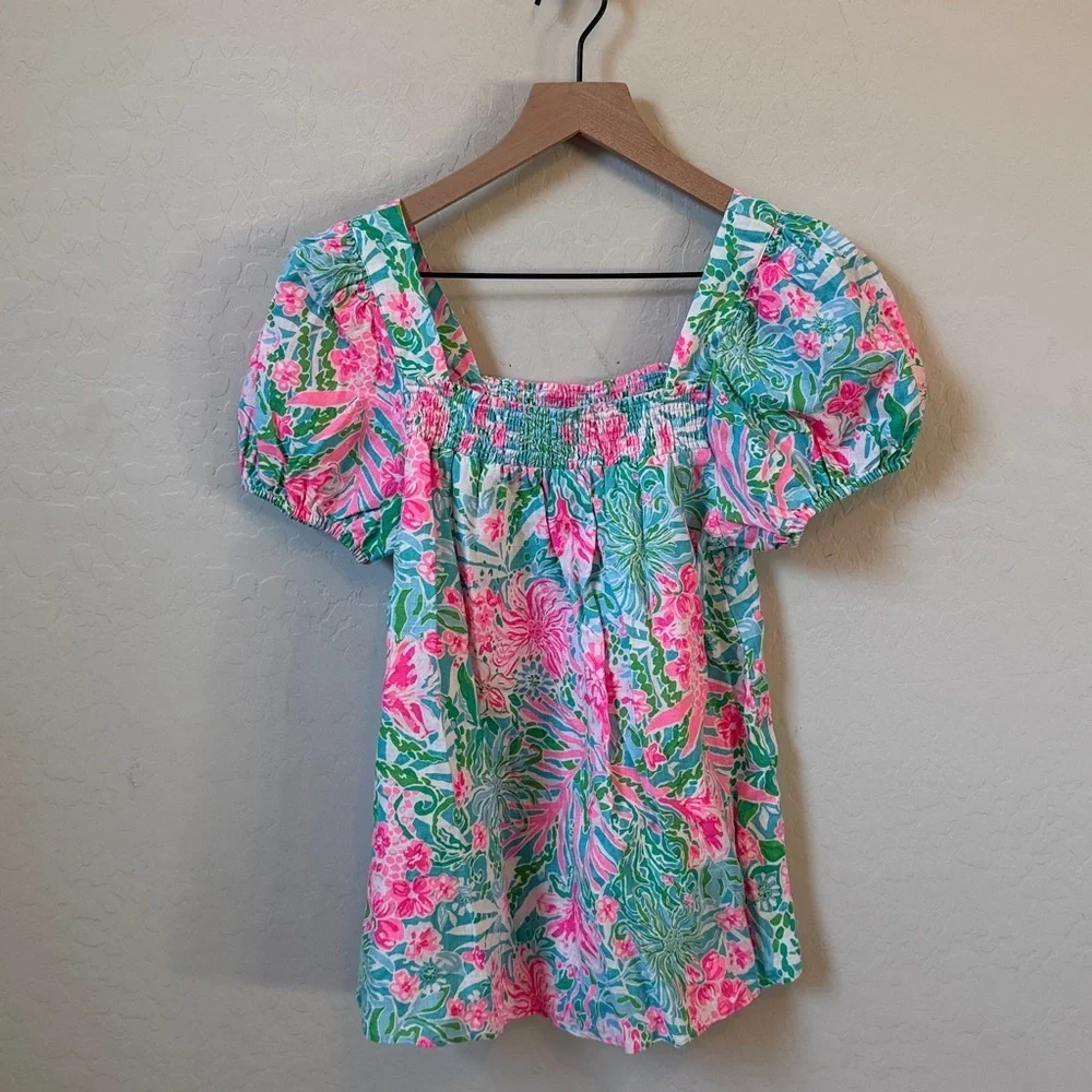 Lily Pulitzer 100% Linen Keating Puff Sleeve Floral Blouse in Amalfi Blue Size 4